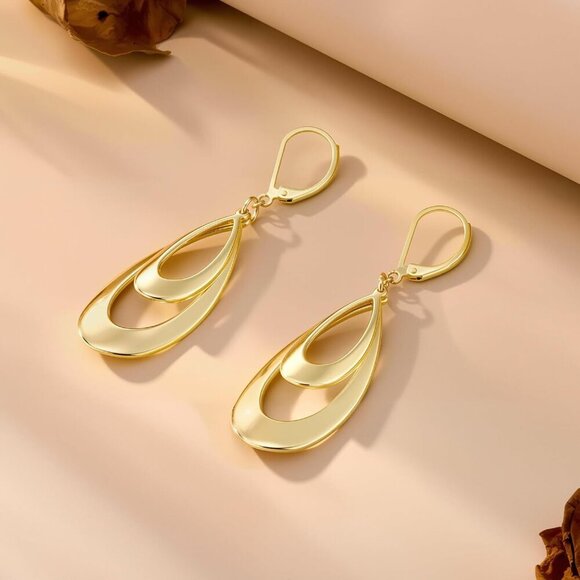 14K Gold Plated Double Teardrop Leverback Dangle Trendy Earrings for Women - Picture 6 of 6